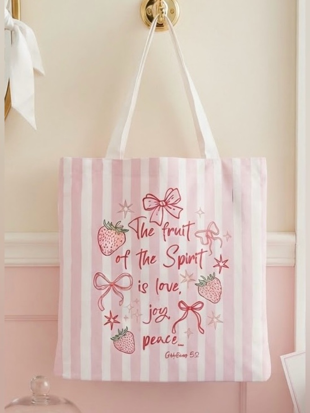 Preppy Striped Tote Bag with Bible Verse, Strawberry & Bow Print